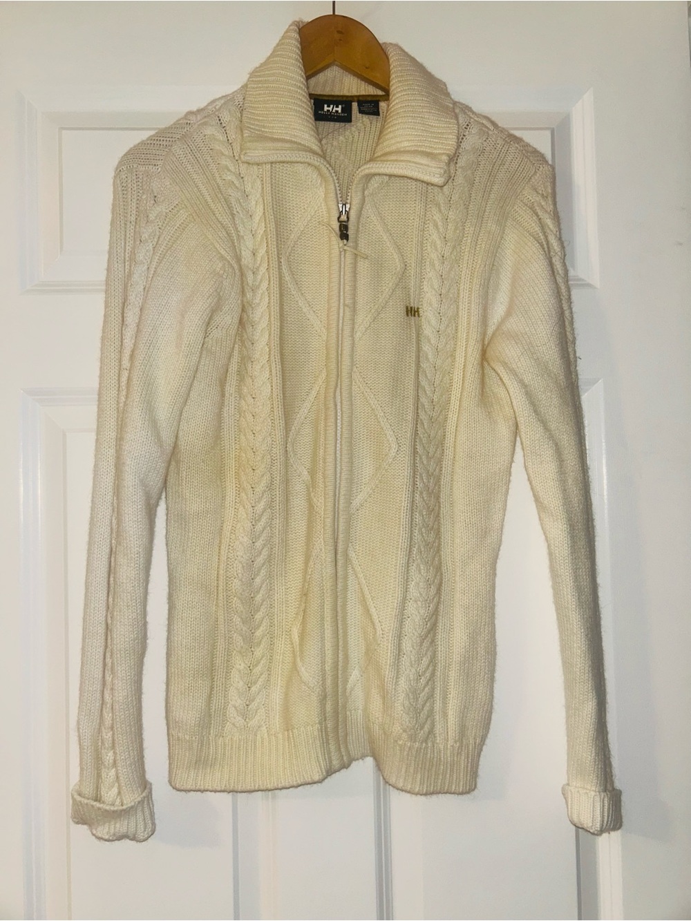 Helly Hansen White Cream Long Sleeve Full Zip Sweater Large Ski Cable Cardigan